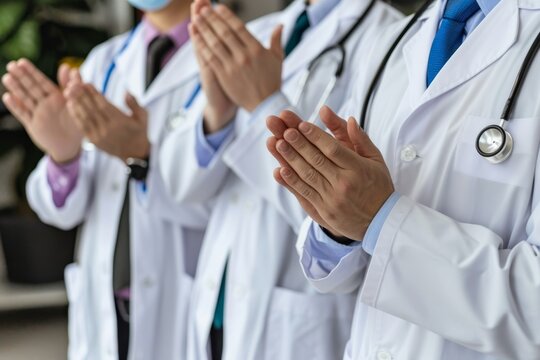 Group Of Doctors In White Coats Clapping Hands, Celebrating Healthcare Achievement At Hospital - Powered by Adobe
