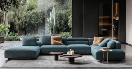 Fototapeta premium This is a decorative backdrop for a room at home, at work, or at a hotel. Modern sofa and bright modern interior details against a dark classic wall. Parts of the room are lit with bright natural