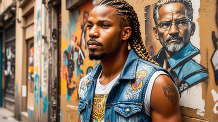 portrait of a dark-skinned african man in a denim vest on a city street