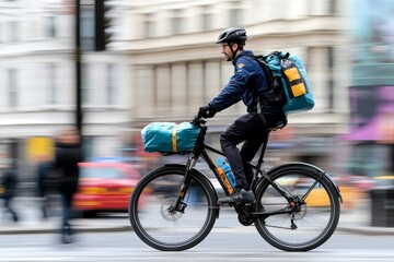 Naklejka premium Delivery cyclist navigating a busy urban street while transporting food packages on a rainy day