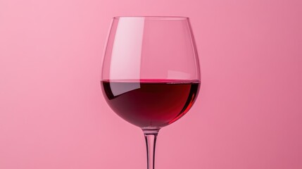 A close-up of a wine glass filled with red wine against a soft pink background, creating a vibrant and elegant atmosphere.