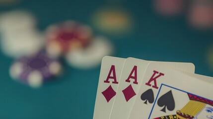 A close-up of poker cards showing Aces and Kings, set against a vibrant casino background with colorful chips.