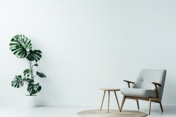 Designed living room with a mock-up wall that is light and empty, gray furniture, and vintage elements