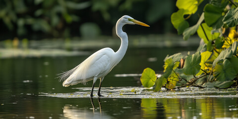Great egret wading in water looking for a meal