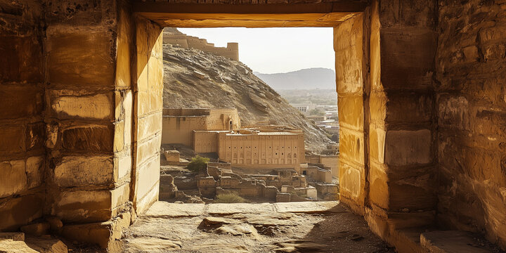 Ancient stone window framing view of derawar fort in pakistan
