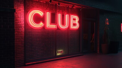 Vibrant neon sign outside a stylish club entrance, glowing in shades of red against a dark backdrop.