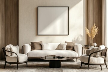 An interior mockup of a living room with sofa, armchairs, bookshelf, and poster
