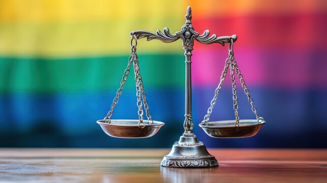 A silver balance scale stands proudly against a vibrant rainbow flag background, symbolizing justice and equality.