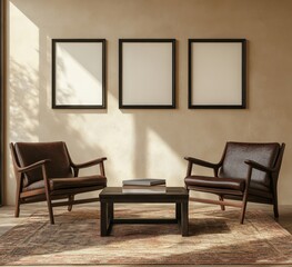 A poster mockup of a minimalist modern interior with a 3D render of the poster frame