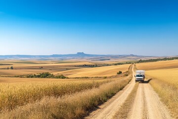 Fototapeta premium Landscape view of a white vehicle driving along a rural dirt road through golden fields on a clear sunny day in a scenic countryside