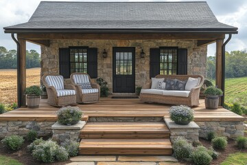 Obraz premium A cozy farmhouse porch with rustic outdoor seating. Generative AI