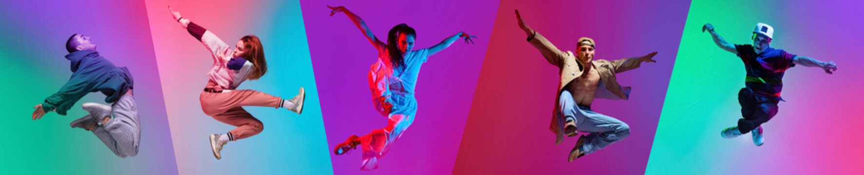 Collage made with different young people in motion performing hip-hop dance again multicolor background in neon light. Concept of art, choreography, creativity, hobby, movements. Banner, flyer, ad