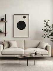 Living room interior 3D rendering with modern grey sofas, monstera plants, velvet carpets, and mockup posters