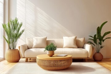 Home living room in Scandinavian hygge style: comfortable sofa, pillows, white walls, indoor plants. Luxury bright apartment interior design concept in bright colors.