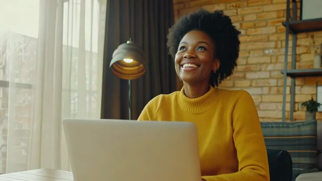 A happy woman in a yellow sweater smiles and dreams while sitting at her laptop
