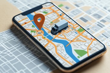 A delivery truck navigating through a digital map on a smartphone in an urban environment during daylight