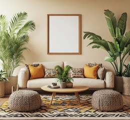 This is a 3d rendering of a minimalist style living room with a cozy sofa, coffee table and plants in a three-dimensional frame.
