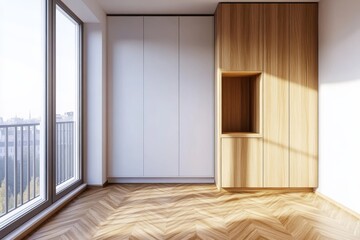 Fototapeta premium Studio apartment with a panoramic window and tropics in the background