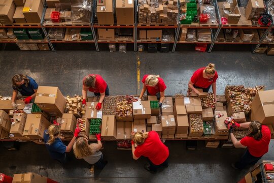 Volunteers working together in a busy warehouse packing goods for a charitable cause during daylight hours