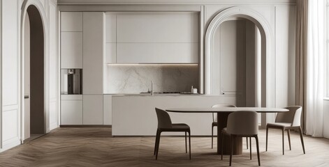 Design of minimalist white kitchen interior with sink, furniture, decoration and utensils. Kitchen marble tiles. Kitchen island. Round dining table with chairs with hanging light. Hallway with