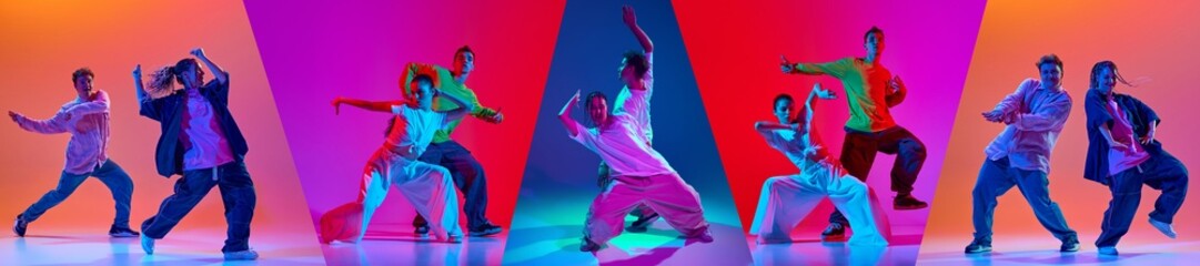 Collage. Young people, men and women dancing hip hop against multicolored background in neon light. Emotion and intensity of contemporary dance. Concept of art, choreography. Banner, flyer, ad