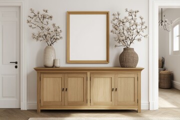 This is a front view of a bright living room with a white poster that is empty