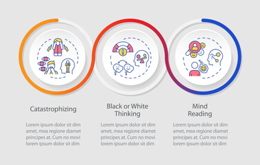 Types of cognitive distortions infographics circles sequence. Psychology, mental issues. Visualization layout with 3 steps. Info chart loop process presentation. Myriad Pro-Regular font used