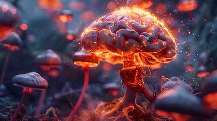 Obraz premium Psychedelic Mushroom-Inspired Pineal Gland with Luminescent Third Eye and Chaotic Brain Details