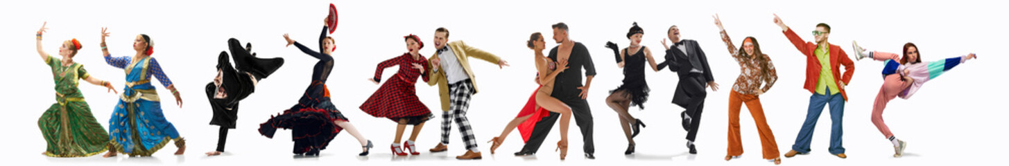 Collage. Different men and women dancing isolated on white background. Diversity of dance styles,...