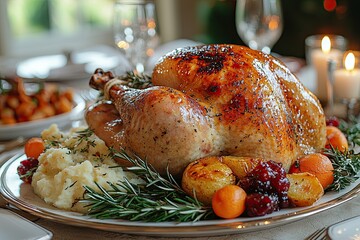 Garnished roasted turkey garnished with cranberry and rosemary
