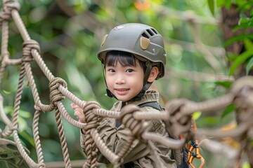 Brave Little Boy Navigates High Ropes on Outdoor Climbing Course Adventure in the Park