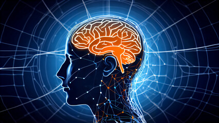 Obraz premium A Futuristic Profile of the Human Brain: Exploring Neurobiology Through Digital Circuits and Neural Networks in a High-Tech Medical Context of Artificial Intelligence and Science