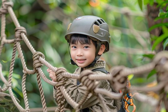 Brave Little Boy Navigates High Ropes on Outdoor Climbing Course Adventure in the Park