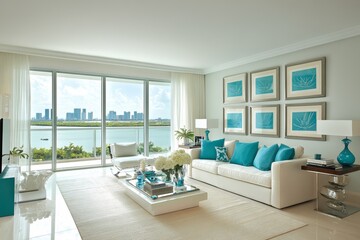 Fototapeta premium In South Florida April 2020, your new home will feature a modern living area with a wide view of the bay and the city. It features a sleek minimalist white interior with designer sofas and