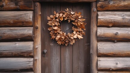 A wooden cabin door with an earthy brown wreath made of dried leaves and twigs