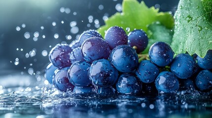 A bunch of blue grapes are sitting on a wet surface