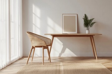 Scandinavian interior design in living room featuring chic rattan consoles, wooden chairs, mock-up posters, and an elegant vase with pampas grass.