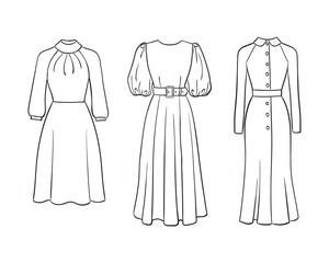 Women's fashion clothing collection. Vector hand-drawn illustrations of beautiful dresses. Fashion dress sketches, isolated on a white background.