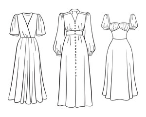 Women's fashion clothing collection. Vector hand-drawn illustrations of beautiful dresses. Fashion dress sketches, isolated on a white background.