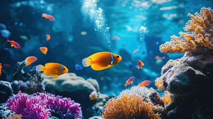 Obraz premium Brightly colored tropical fish swimming near coral in a vibrant blue ocean reef