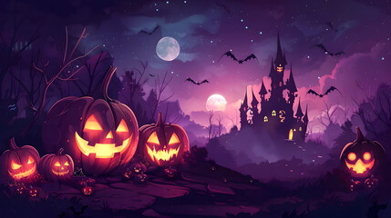 Fototapeta premium Haunted house, pumpkin patch at night by full moon light