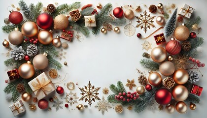 Elegant Christmas Background with Red and Gold Ornaments, Pinecones, and Fir Branches - Perfect for Holiday Greeting Cards, Invitations, and Festive Designs