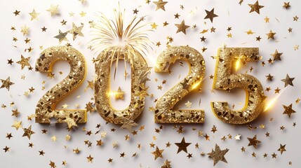 Festive celebration of New Year 2025 with glittering numbers and sparkling stars on a bright background