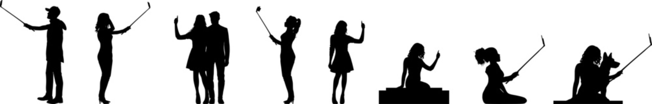 Vektor Set K&ouml;rper Silhouetten - Personen machen Selfies - Social Media Posts - Views und Likes - Follower und Visual Storytelling 