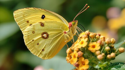 Fototapeta premium Close-up of a yellow butterfly on a flower, with detailed patterns on its wings