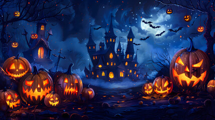 Haunted house, pumpkin patch at night by full moon light