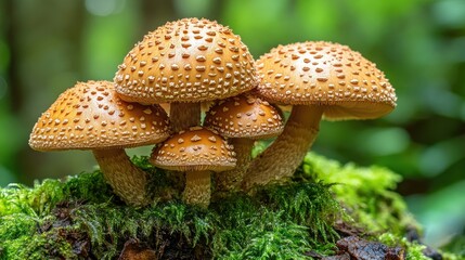 Close-up of earthy brown mushrooms growing on a mossy log in a damp forest