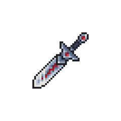 Sword, pixel art style icon, medievalist weapons, isolated vector illustration. Design for sticker, mobile app and logo. Game assets 8-bit sprite.