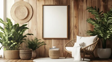 A room with a white framed picture, a chair, and a few potted plants