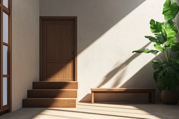 Fototapeta premium A Scandinavian interior design of a modern entrance hall with stairs and wood accents
